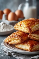Golden Flaky Pastries on Plate with Eggs and Milk in Background, Perfect for Baking or Culinary Themes, Delicious Treat for Breakfast and Snack Lovers