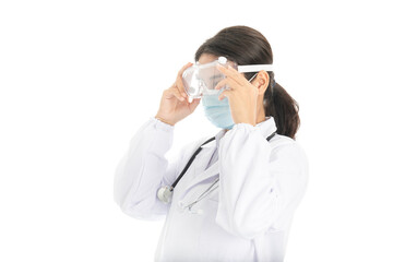 Young Chinese female doctor on white background