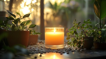 Serene indoor scene featuring a lit candle surrounded by lush green plants at sunset