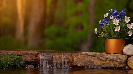 Serene garden scene with a flower pot near a gentle stream, surrounded by lush greenery
