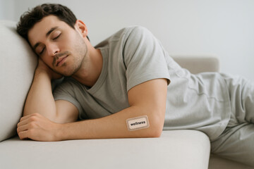 Obraz premium Relaxed nap scene featuring wellness patch on comfortable sofa
