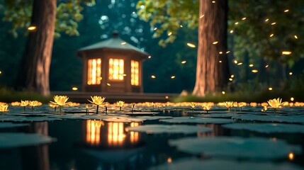 Serene garden scene with illuminated gazebo surrounded by lily pads and glowing fireflies at dusk