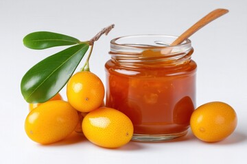 Jar of kumquat jam with fresh kumquats and leaves on white background