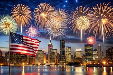 A vibrant fireworks display illuminates the new york city skyline at night, with an american flag waving proudly in the foreground