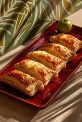 Golden Puff Pastries on Red Plate with Green Apple and Tropical Background in Bright Sunlight Creating an Inviting Culinary Scene
