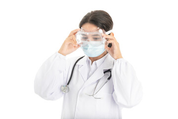 Young Chinese female doctor on white background