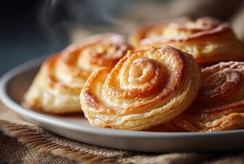 Golden Swirled Pastry with Flaky Layers on a Simple Plate, Capturing the Warmth and Freshness of Baked Goods in a Cozy Kitchen Setting