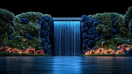Serene illuminated waterfall cascading over rocks surrounded by lush greenery and flowers