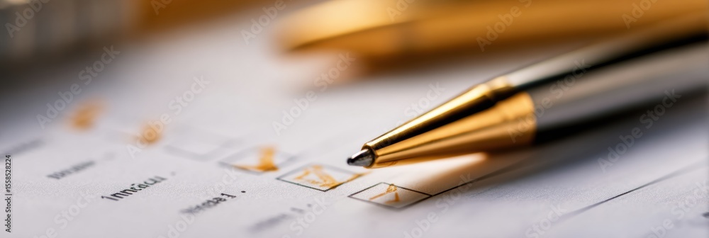 Poster minimal financial checklist with a pen on a surface underscored by a blurred background showcasing a