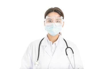 Young Chinese female doctor on white background