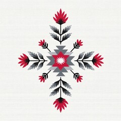 Symmetrical Red And Gray Floral Textile Design With Geometric Center