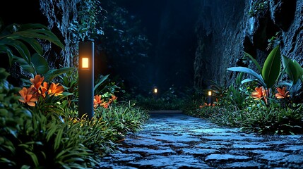 Serene illuminated pathway through lush vegetation in a tranquil nighttime garden setting