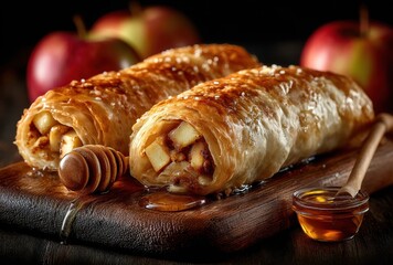 Golden-Brown Apple Strudel with Honey Drizzle on Rustic Wooden Board Surrounded by Fresh Apples and Warm Light