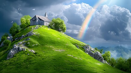 Serene hillside cottage under a vibrant rainbow amidst dramatic clouds and lush greenery