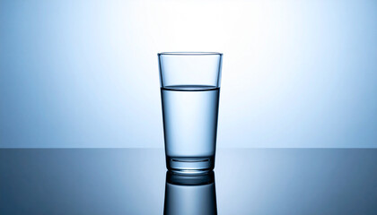 Glass half full on reflective surface. Optimism and mindset.