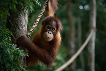 Naklejka premium Graceful Orangutan Swinging Through Jungle in Captivating Wide Shot