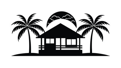 vector illustration Beachfront Bungalow Silhouette with Sunset and Palm Trees