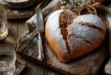 Heart-Shaped Freshly Baked Bread on Wooden Board with Cutlery and Glassware in Cozy Rustic Kitchen Setting