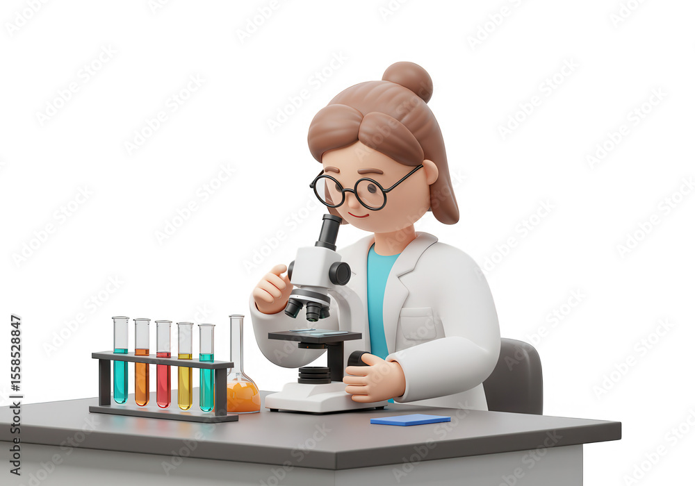 Poster Cartoon scientist looking through microscope in lab isolated on transparent background