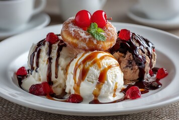 Indulgent Dessert Platter with Ice Cream, Donut, Cherries, and Chocolate Sauce Served on White Plate for Sweet Tooth Cravings