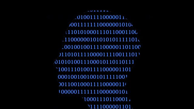 Binary code forming human head profile on black background, Digital silhouette of a head made from blue binary digits on a dark background