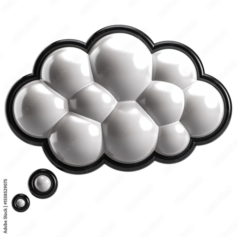 Poster glossy white bubble cluster thought bubble icon with dark outline isolated on transparent background
