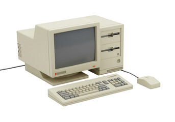 Vintage computer with monitor keyboard and mouse isolated on transparent background