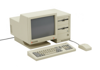 Vintage computer with monitor keyboard and mouse isolated on transparent background