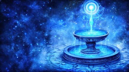 Mystical Blue Fountain with Celestial Energy, Fantasy Art, Glowing Water, Cosmic Scene.