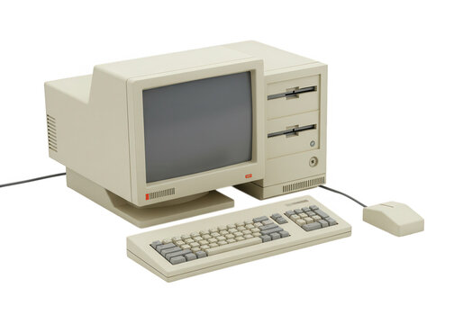 Vintage computer with monitor keyboard and mouse isolated on transparent background