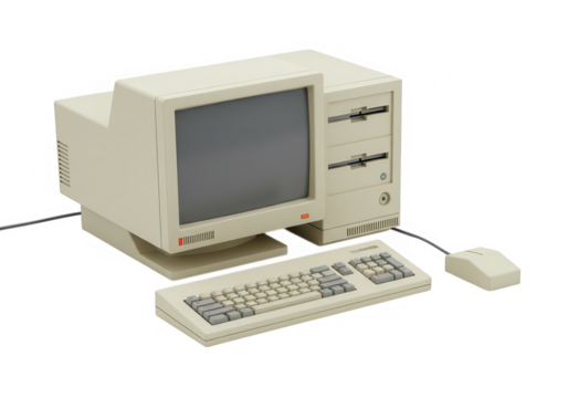Vintage computer with monitor keyboard and mouse isolated on transparent background - Powered by Adobe
