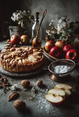 Rustic apple pie surrounded by fresh apples, walnuts, and flowers set in a charming kitchen atmosphere with a soft, natural light backdrop