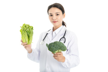 Young Chinese female doctor on white background