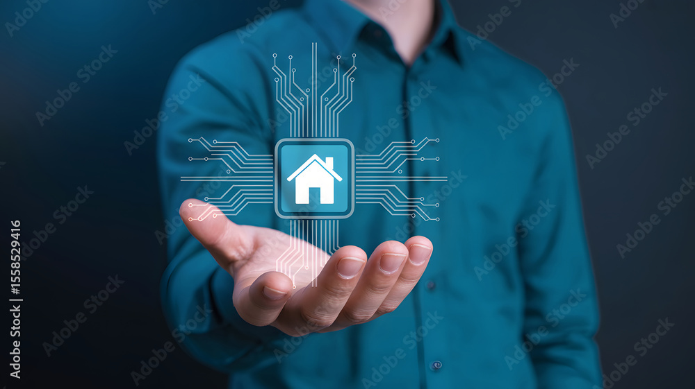 Poster man presents smart home technology, showcasing a futuristic house interface with seamless integratio