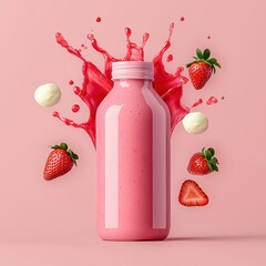 Fresh Strawberry Smoothie Splash with Bottle on Pink Background Featuring Strawberries and Cream Elements