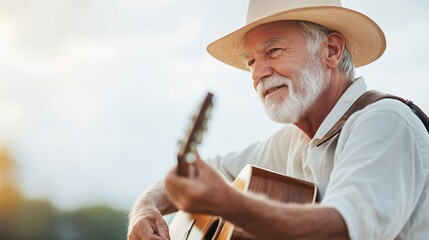 Elderly man enjoying a sunny afternoon while playing guitar outdoors in a peaceful setting
