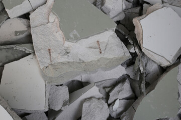 Broken concrete, Piles of lightweight construction bricks after house demolition