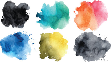 Six Abstract Watercolor Splotches Teal Blue Yellow Orange Pink Black Design Elements vector