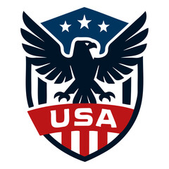 Illustration of a patriotic shield emblem featuring an eagle and usa text with stars and stripes