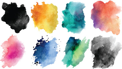 Eight Watercolor Paint Splotches Diverse Color Palette Abstract Background Design Elements Teal Orange Pink Black Blue Green Yellow Red