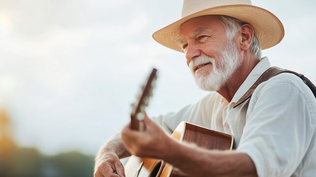 Elderly man enjoying a sunny afternoon while playing guitar outdoors in a peaceful setting