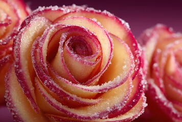Stunning Close-up of Sugar-Coated Pink and Yellow Roses on a Soft Purple Background, Perfect for Floral and Culinary Decoration Themes
