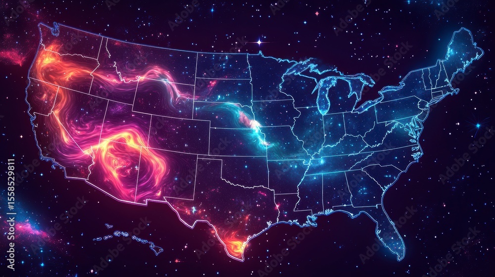 Poster glowing nebulae-style map of the usa.