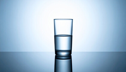 Glass half full on reflective surface. Optimism and mindset.