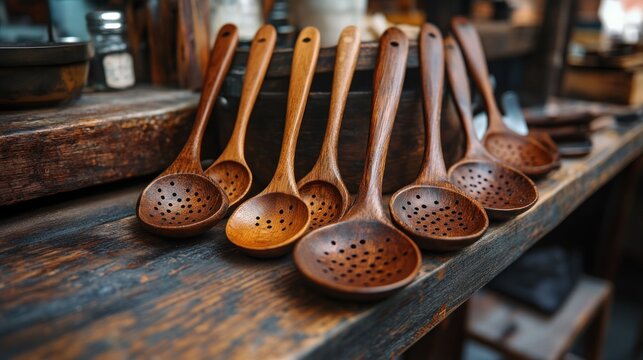 Wooden slotted spoons lined up on a rustic wooden surface