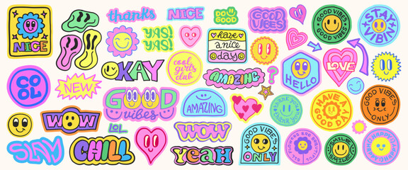 Cool Groovy Hand-Drawn Stickers Vector Design. Trendy Doodle Smile Patches. Cute Emoji Funny Characters Pop Art Design.