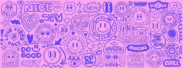 Cool Hand-Drawn Doodle Groovy Elements. Funky Pop Art Stickers. Cute Cartoon Smile Icons Vector Set.