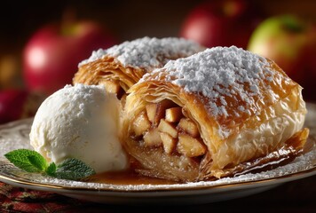 Warm Apple Strudel with Vanilla Ice Cream and Mint Garnish on Elegant Plate Surrounded by Fresh Red Apples in Soft Lighting
