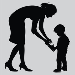 woman leaning over to tie child’s shoe silhouette vector design art and illustration