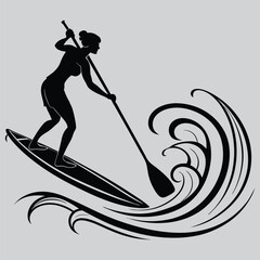 woman paddling a stand-up paddleboard silhouette vector design art and illustration
